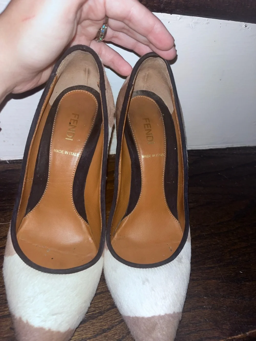 Fendi Two-Tone White and Taupe Pointed-Toe Pumps with Black Trim